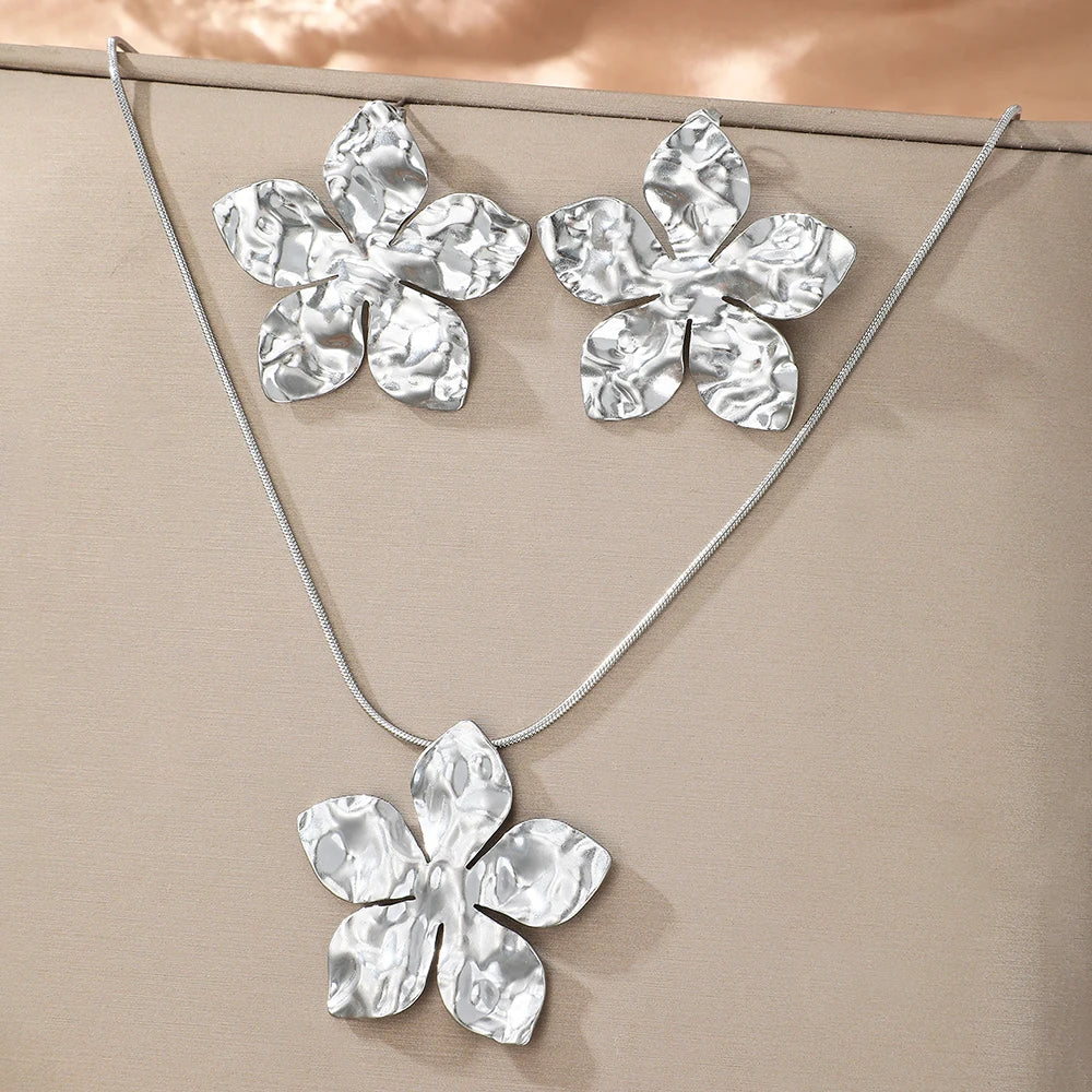 DGIDDK stainless steel flower pendant necklace earrings jewelry set ladies fashion jewelry party wedding jewelry