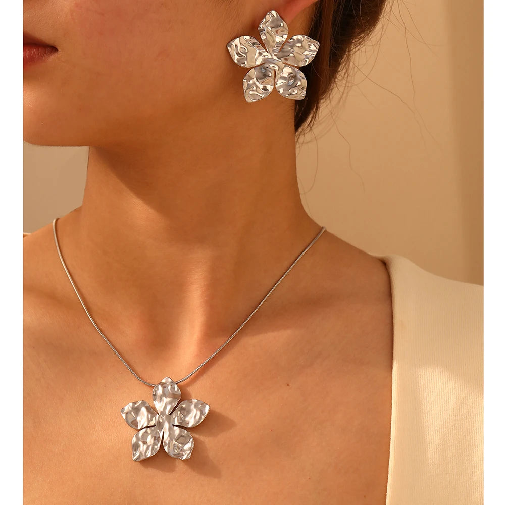 DGIDDK stainless steel flower pendant necklace earrings jewelry set ladies fashion jewelry party wedding jewelry