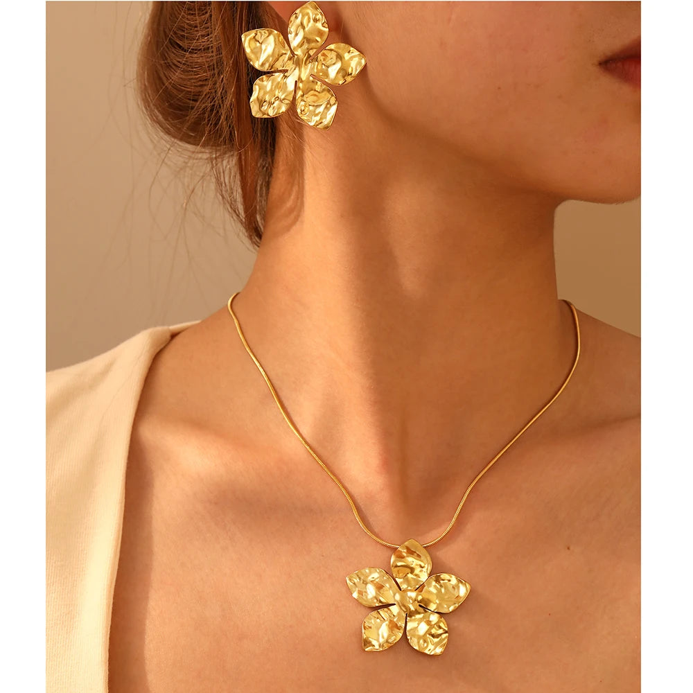 DGIDDK stainless steel flower pendant necklace earrings jewelry set ladies fashion jewelry party wedding jewelry