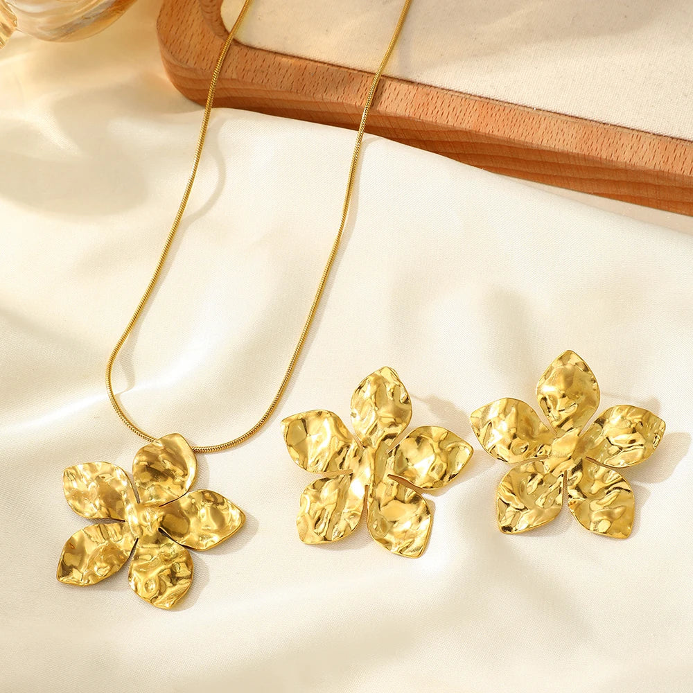 DGIDDK stainless steel flower pendant necklace earrings jewelry set ladies fashion jewelry party wedding jewelry