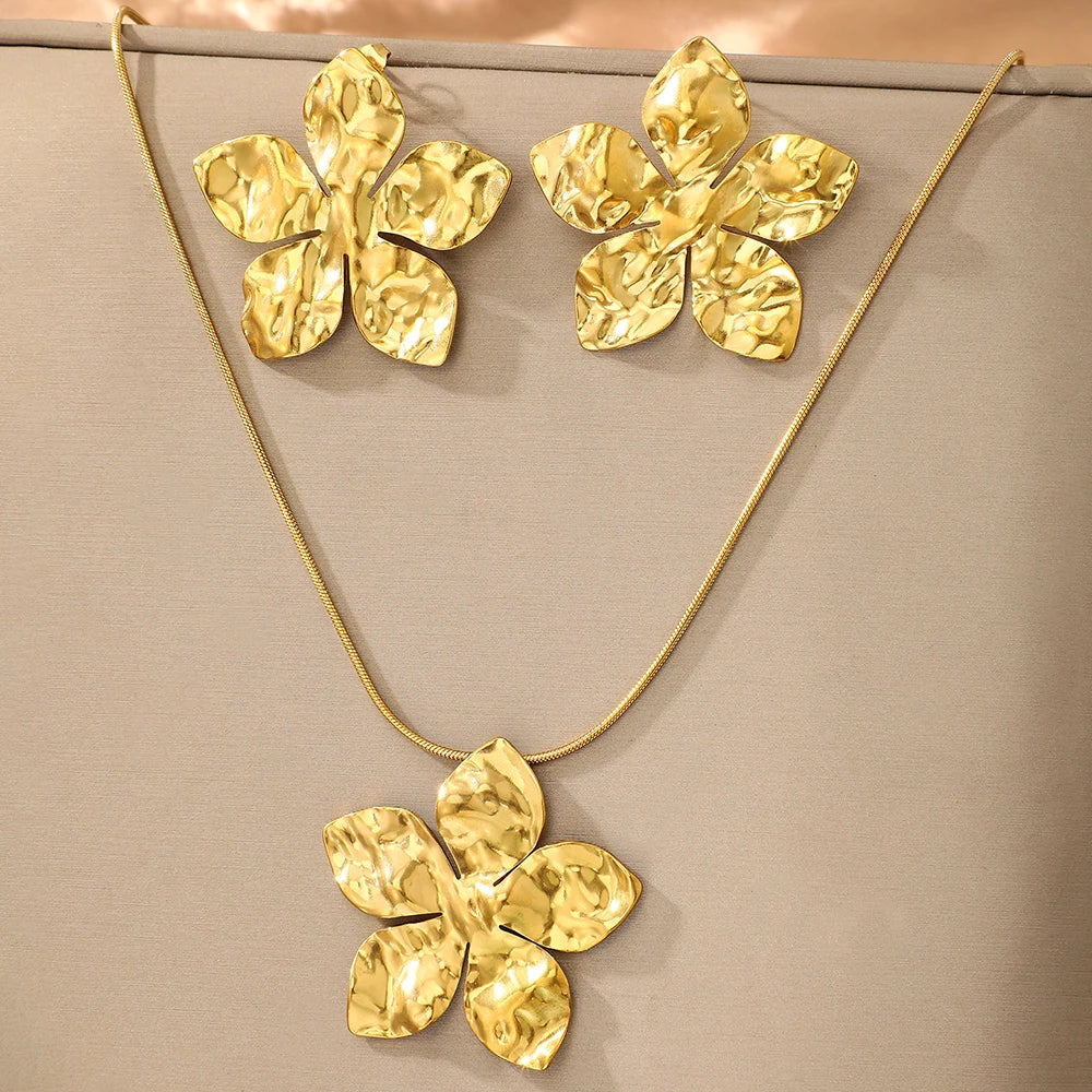 DGIDDK stainless steel flower pendant necklace earrings jewelry set ladies fashion jewelry party wedding jewelry