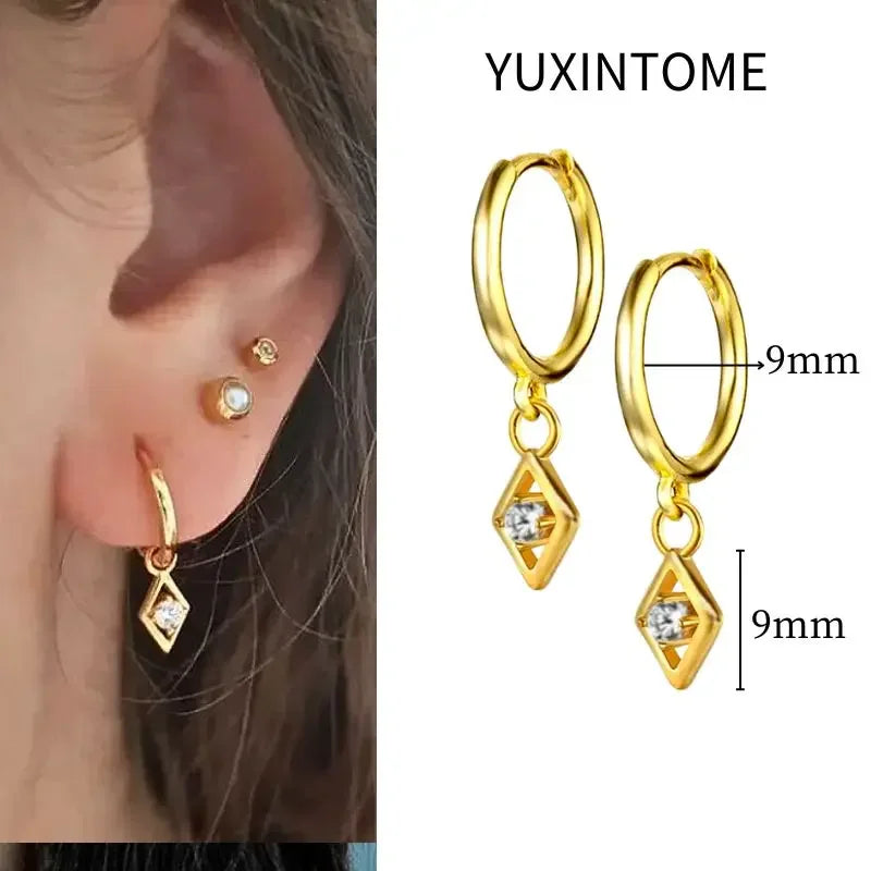925 Sterling Silver Needle Vintage Square Round Pendant Earrings For Women Crystal Shell Geometric Earrings Fashion Jewelry