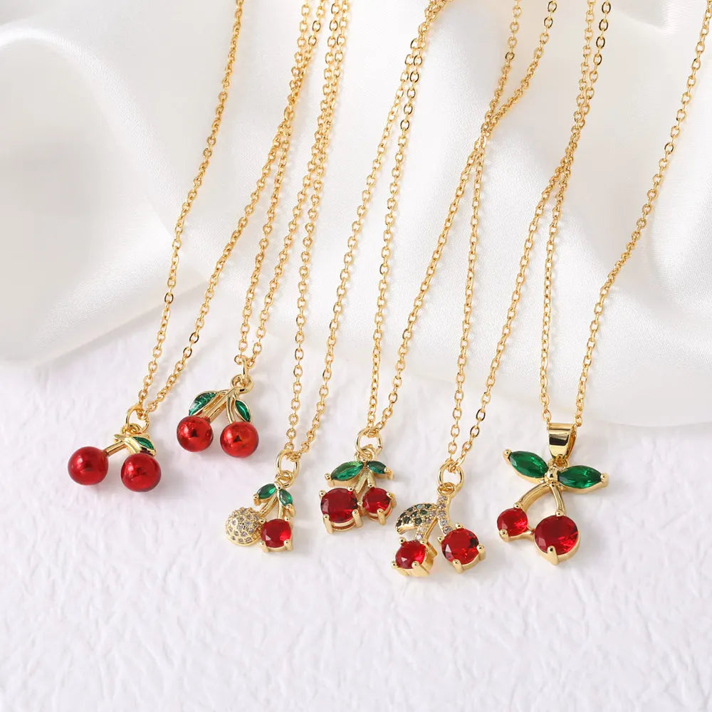 FLOLA Small Crystal Red Cherry Necklaces for Women Gold Plated Short Necklace Fruit Jewelry Gifts nkey75
