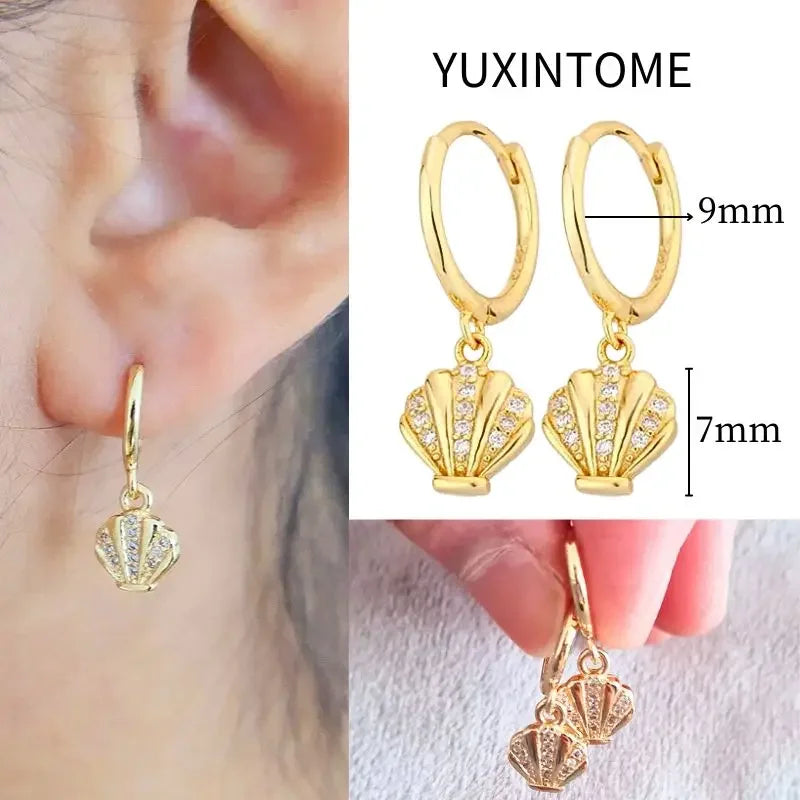 925 Sterling Silver Needle Vintage Square Round Pendant Earrings For Women Crystal Shell Geometric Earrings Fashion Jewelry