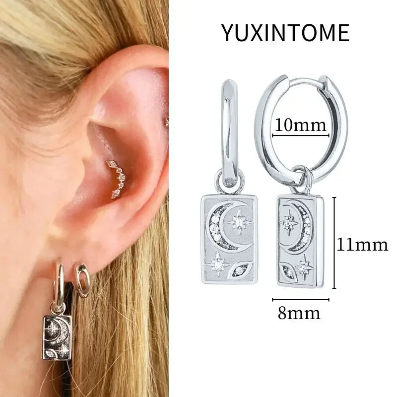 925 Sterling Silver Needle Vintage Square Round Pendant Earrings For Women Crystal Shell Geometric Earrings Fashion Jewelry