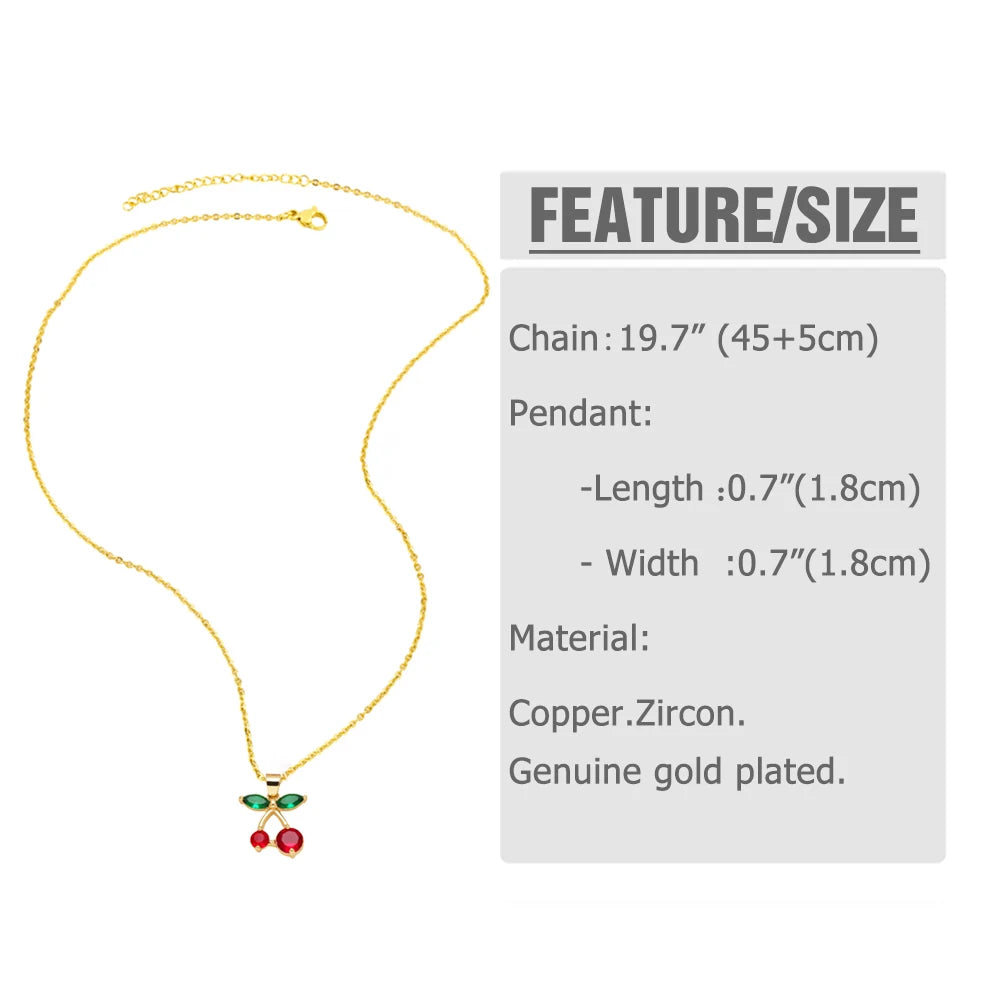 FLOLA Small Crystal Red Cherry Necklaces for Women Gold Plated Short Necklace Fruit Jewelry Gifts nkey75