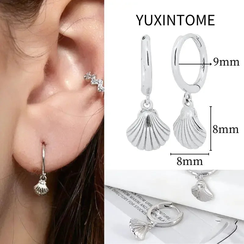 925 Sterling Silver Needle Vintage Square Round Pendant Earrings For Women Crystal Shell Geometric Earrings Fashion Jewelry