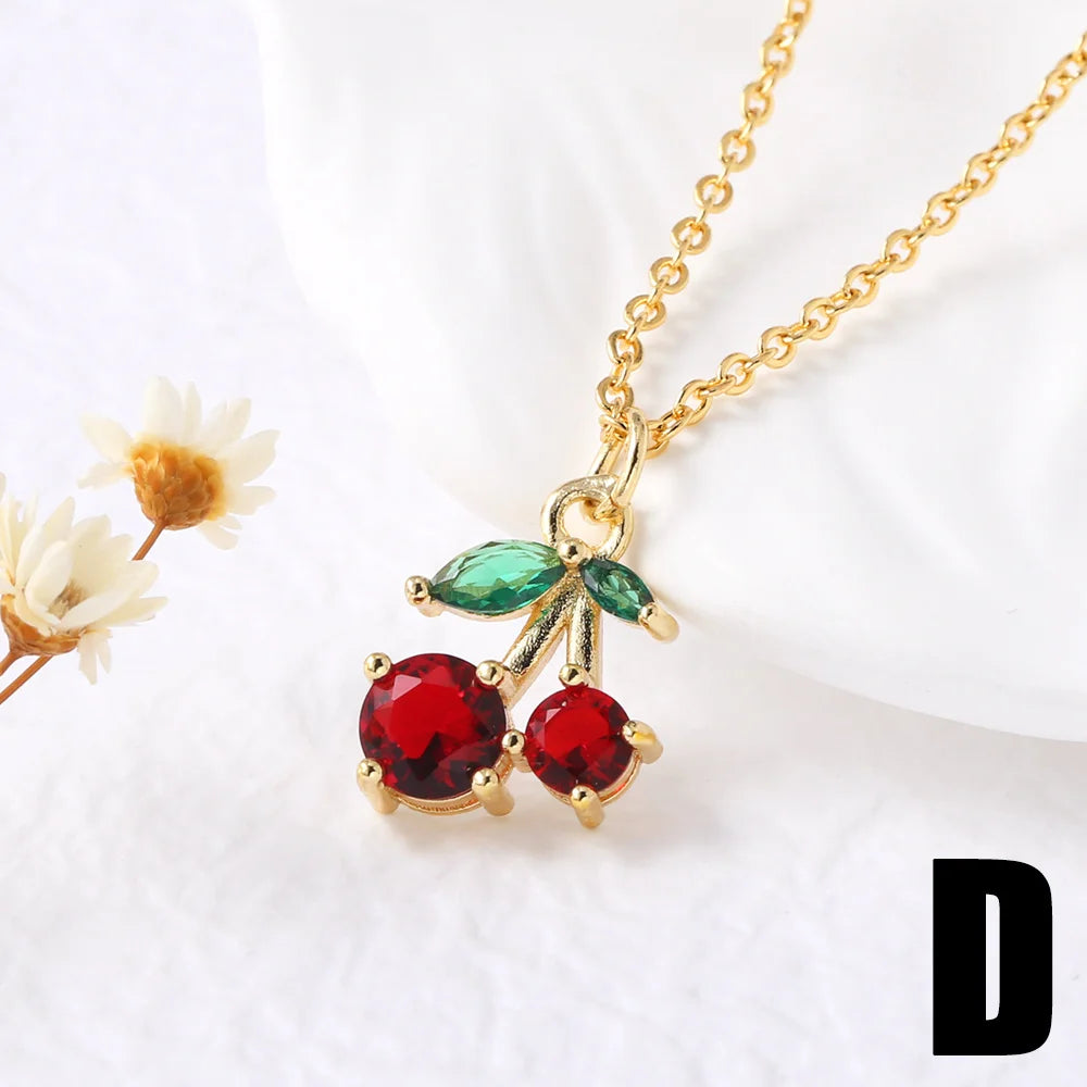 FLOLA Small Crystal Red Cherry Necklaces for Women Gold Plated Short Necklace Fruit Jewelry Gifts nkey75