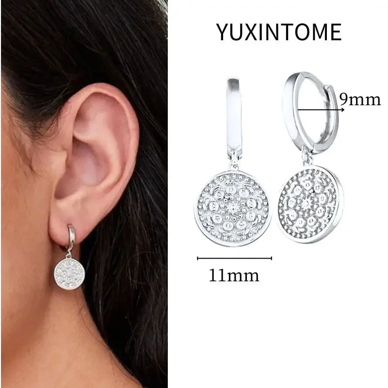 925 Sterling Silver Needle Vintage Square Round Pendant Earrings For Women Crystal Shell Geometric Earrings Fashion Jewelry