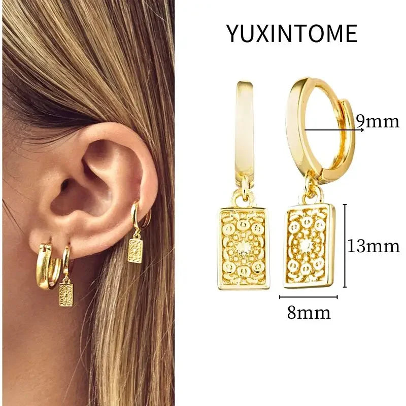 925 Sterling Silver Needle Vintage Square Round Pendant Earrings For Women Crystal Shell Geometric Earrings Fashion Jewelry