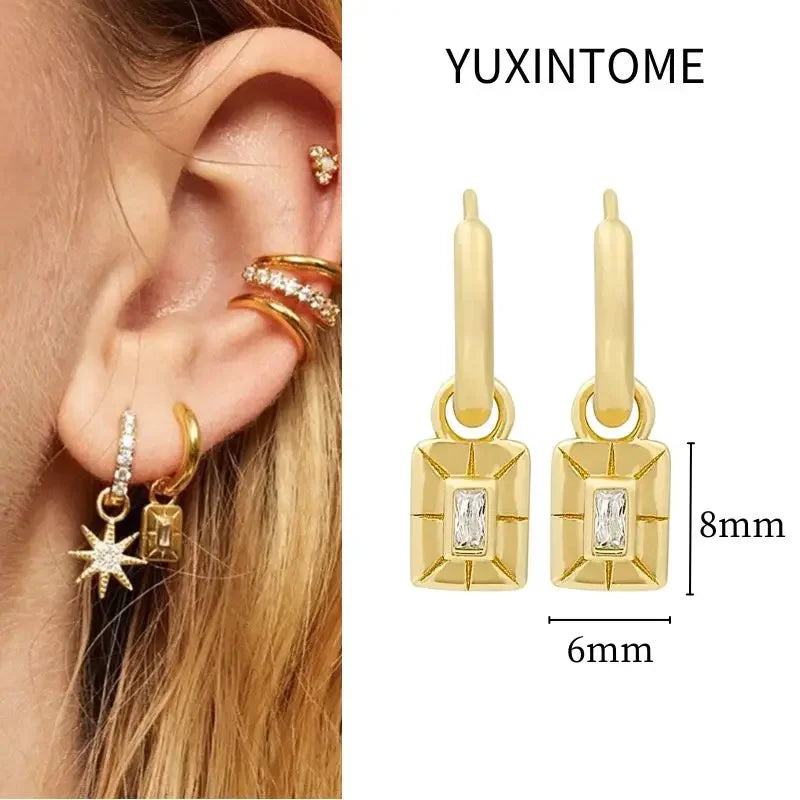 925 Sterling Silver Needle Vintage Square Round Pendant Earrings For Women Crystal Shell Geometric Earrings Fashion Jewelry