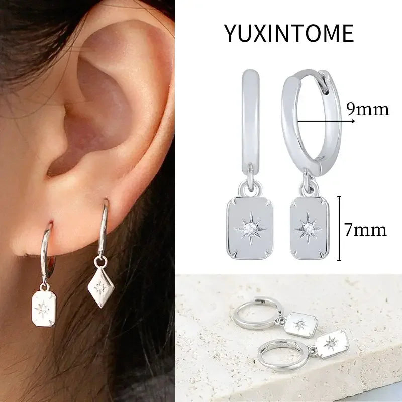 925 Sterling Silver Needle Vintage Square Round Pendant Earrings For Women Crystal Shell Geometric Earrings Fashion Jewelry