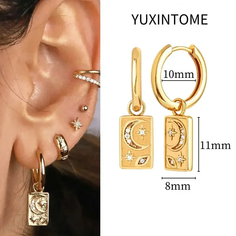925 Sterling Silver Needle Vintage Square Round Pendant Earrings For Women Crystal Shell Geometric Earrings Fashion Jewelry