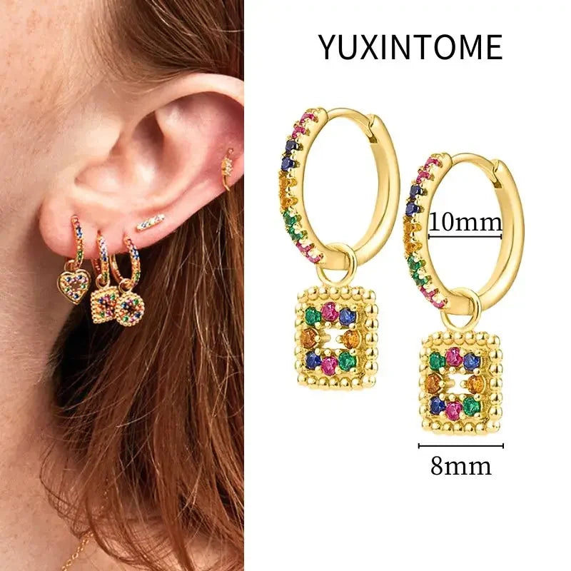 925 Sterling Silver Needle Vintage Square Round Pendant Earrings For Women Crystal Shell Geometric Earrings Fashion Jewelry