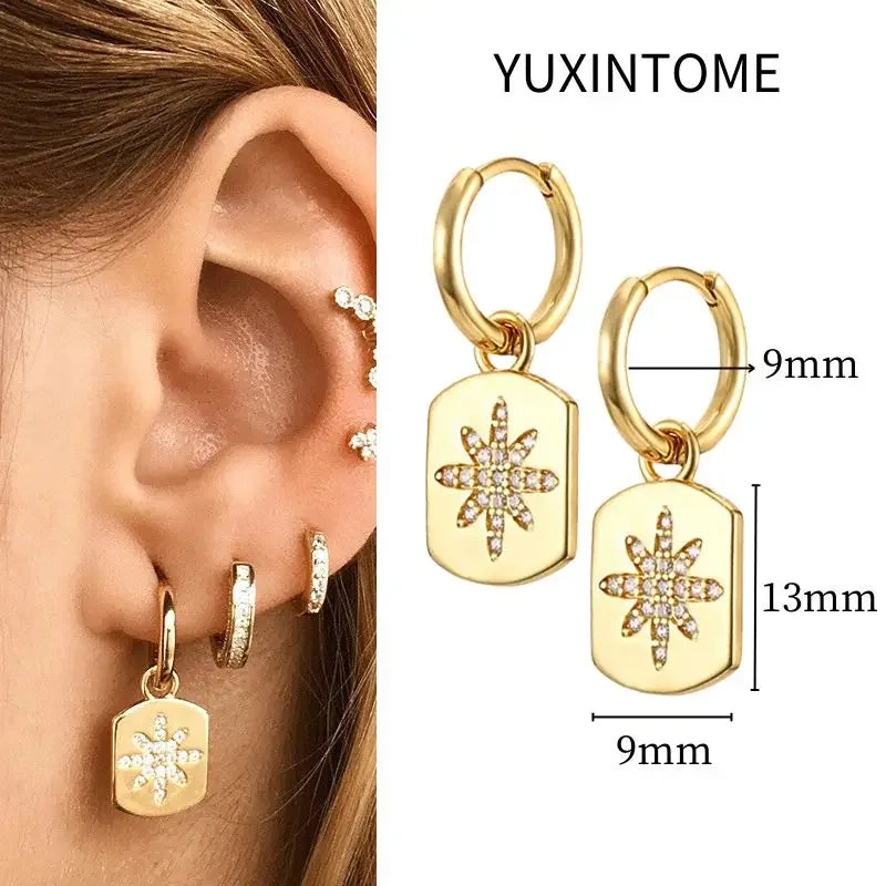 925 Sterling Silver Needle Vintage Square Round Pendant Earrings For Women Crystal Shell Geometric Earrings Fashion Jewelry