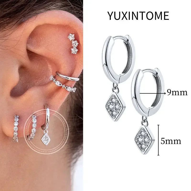 925 Sterling Silver Needle Vintage Square Round Pendant Earrings For Women Crystal Shell Geometric Earrings Fashion Jewelry