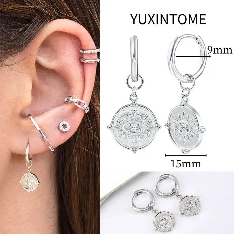925 Sterling Silver Needle Vintage Square Round Pendant Earrings For Women Crystal Shell Geometric Earrings Fashion Jewelry
