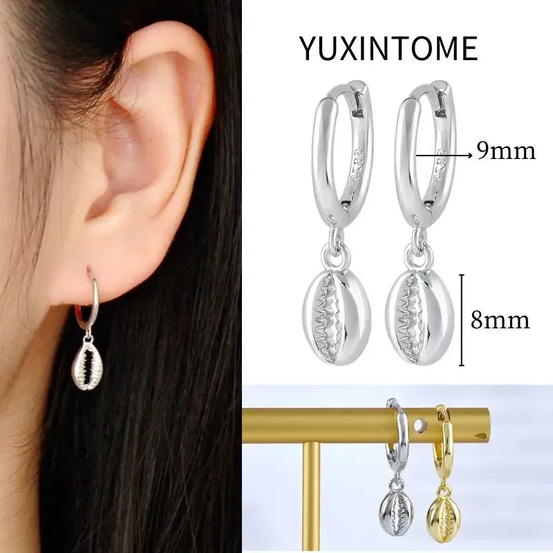 925 Sterling Silver Needle Vintage Square Round Pendant Earrings For Women Crystal Shell Geometric Earrings Fashion Jewelry