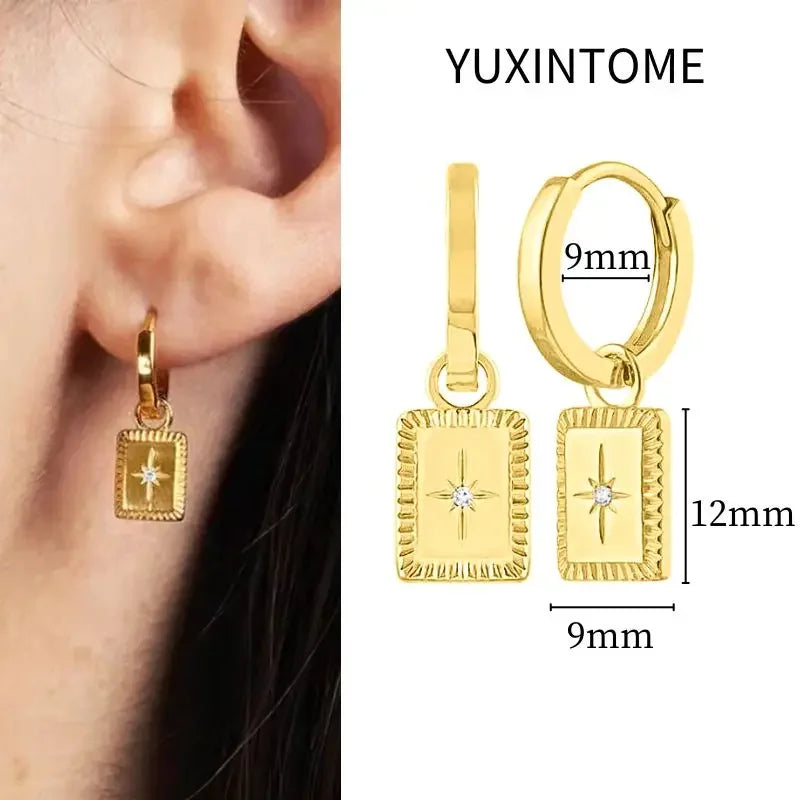 925 Sterling Silver Needle Vintage Square Round Pendant Earrings For Women Crystal Shell Geometric Earrings Fashion Jewelry