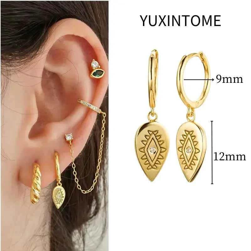 925 Sterling Silver Needle Vintage Square Round Pendant Earrings For Women Crystal Shell Geometric Earrings Fashion Jewelry