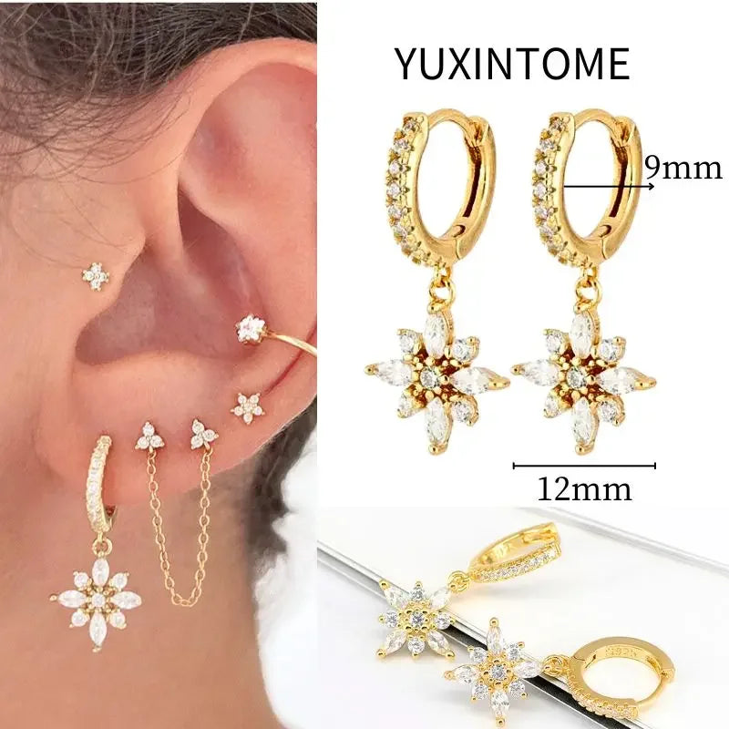 925 Sterling Silver Needle Vintage Square Round Pendant Earrings For Women Crystal Shell Geometric Earrings Fashion Jewelry