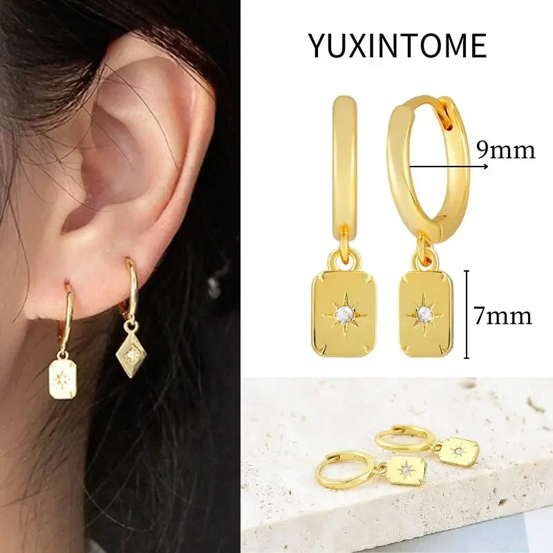 925 Sterling Silver Needle Vintage Square Round Pendant Earrings For Women Crystal Shell Geometric Earrings Fashion Jewelry