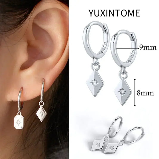 925 Sterling Silver Needle Vintage Square Round Pendant Earrings For Women Crystal Shell Geometric Earrings Fashion Jewelry