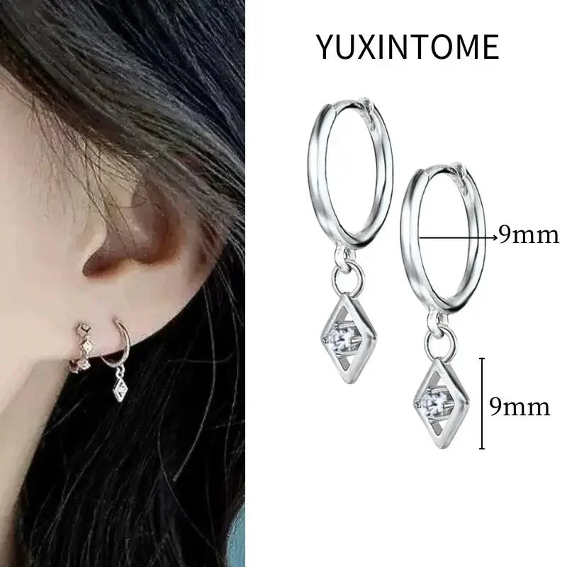 925 Sterling Silver Needle Vintage Square Round Pendant Earrings For Women Crystal Shell Geometric Earrings Fashion Jewelry