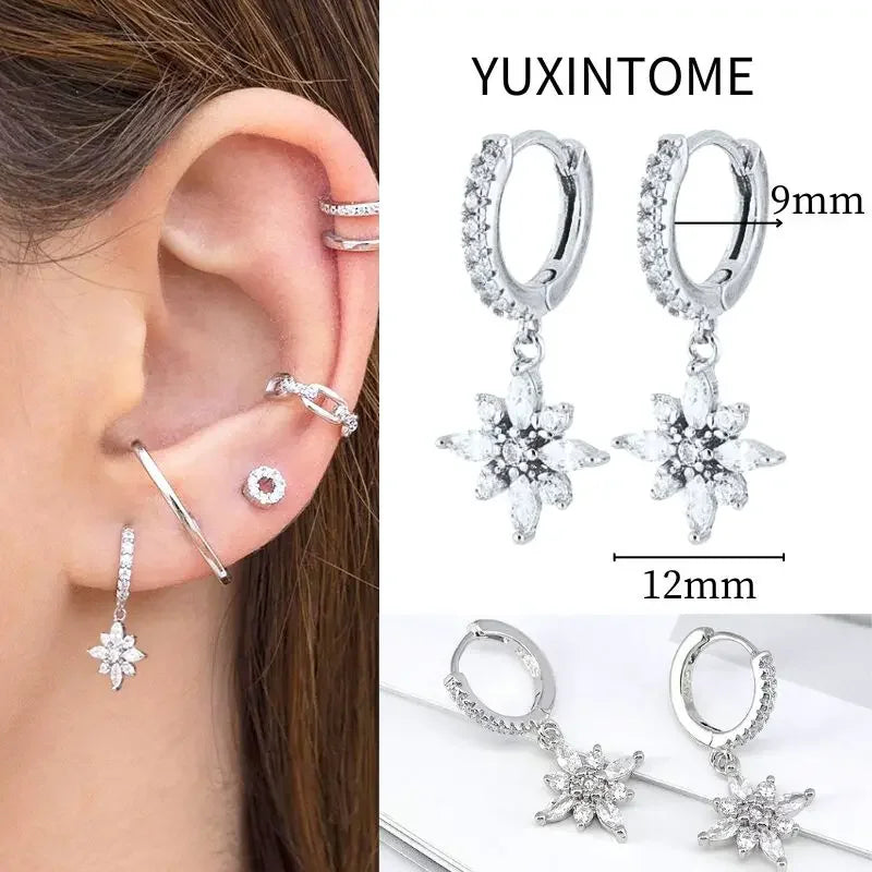 925 Sterling Silver Needle Vintage Square Round Pendant Earrings For Women Crystal Shell Geometric Earrings Fashion Jewelry