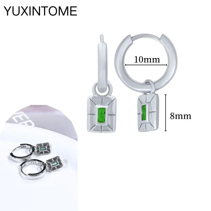 925 Sterling Silver Needle Vintage Square Round Pendant Earrings For Women Crystal Shell Geometric Earrings Fashion Jewelry