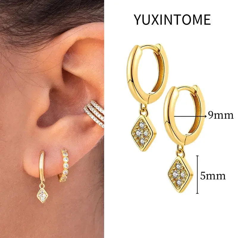 925 Sterling Silver Needle Vintage Square Round Pendant Earrings For Women Crystal Shell Geometric Earrings Fashion Jewelry