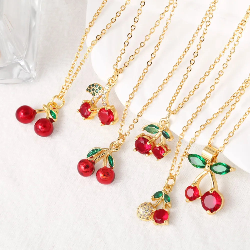 FLOLA Small Crystal Red Cherry Necklaces for Women Gold Plated Short Necklace Fruit Jewelry Gifts nkey75