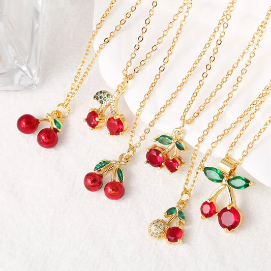 FLOLA Small Crystal Red Cherry Necklaces for Women Gold Plated Short Necklace Fruit Jewelry Gifts nkey75