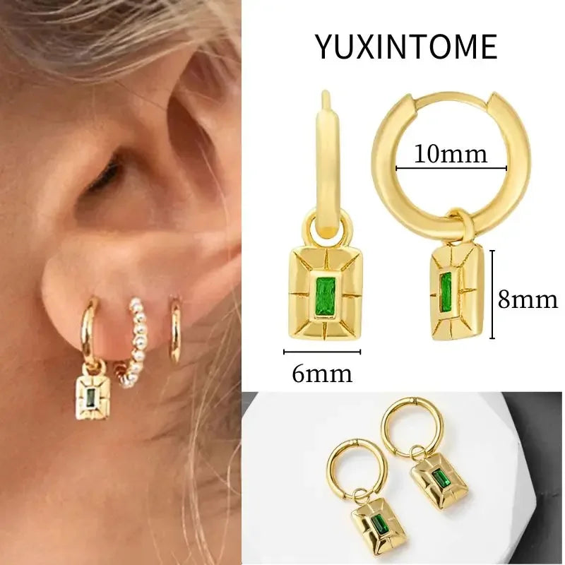 925 Sterling Silver Needle Vintage Square Round Pendant Earrings For Women Crystal Shell Geometric Earrings Fashion Jewelry