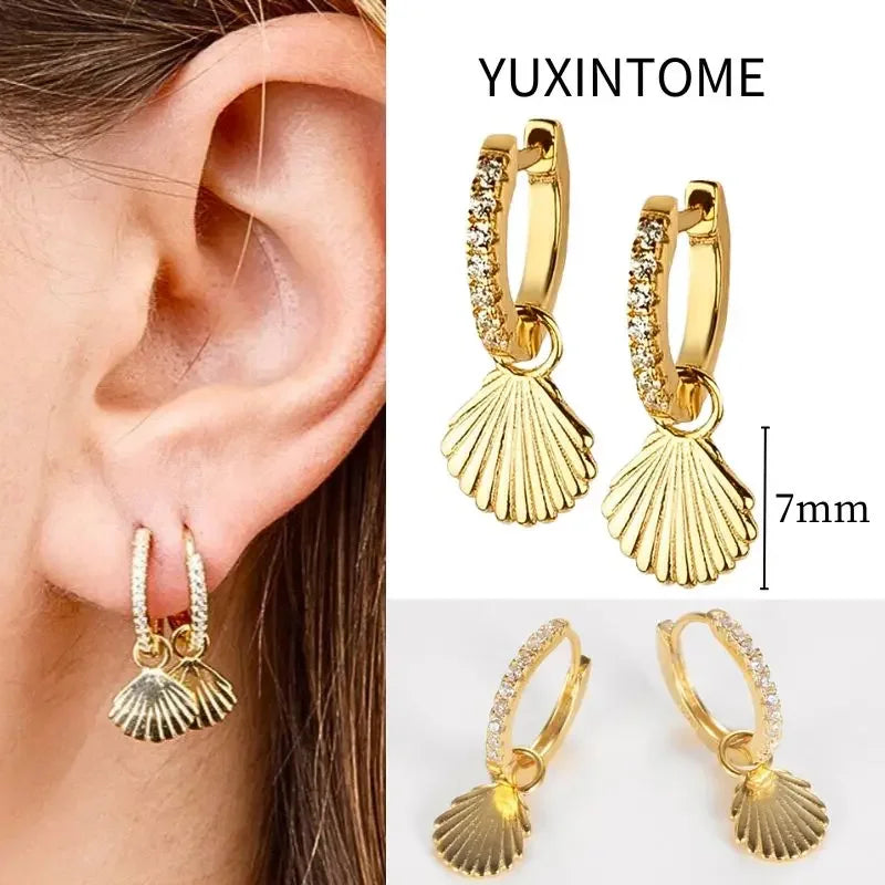 925 Sterling Silver Needle Vintage Square Round Pendant Earrings For Women Crystal Shell Geometric Earrings Fashion Jewelry