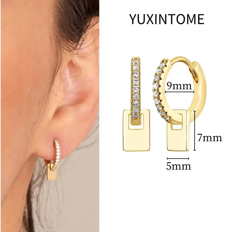925 Sterling Silver Needle Vintage Square Round Pendant Earrings For Women Crystal Shell Geometric Earrings Fashion Jewelry