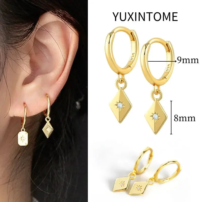 925 Sterling Silver Needle Vintage Square Round Pendant Earrings For Women Crystal Shell Geometric Earrings Fashion Jewelry