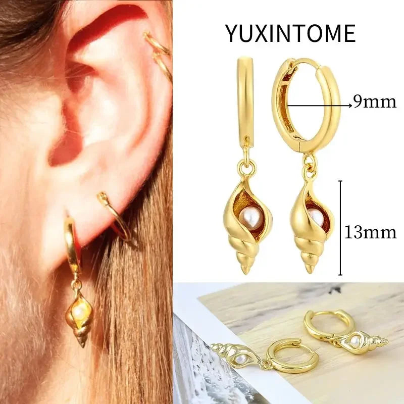 925 Sterling Silver Needle Vintage Square Round Pendant Earrings For Women Crystal Shell Geometric Earrings Fashion Jewelry