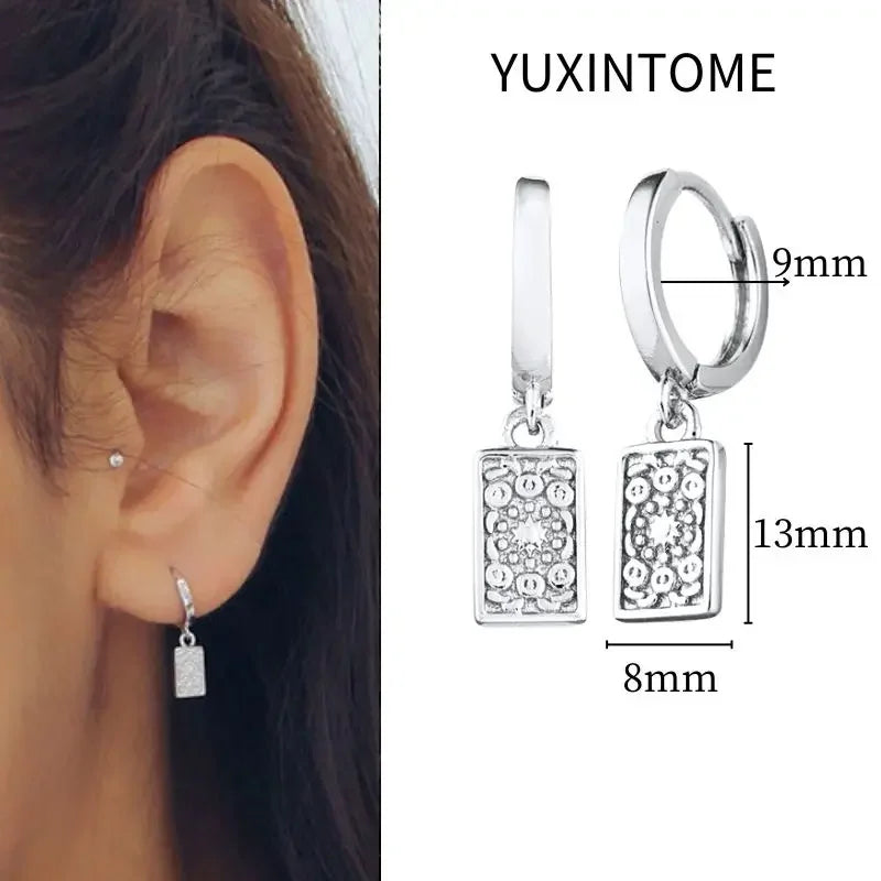 925 Sterling Silver Needle Vintage Square Round Pendant Earrings For Women Crystal Shell Geometric Earrings Fashion Jewelry