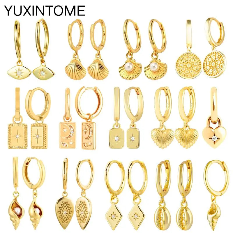 925 Sterling Silver Needle Vintage Square Round Pendant Earrings For Women Crystal Shell Geometric Earrings Fashion Jewelry
