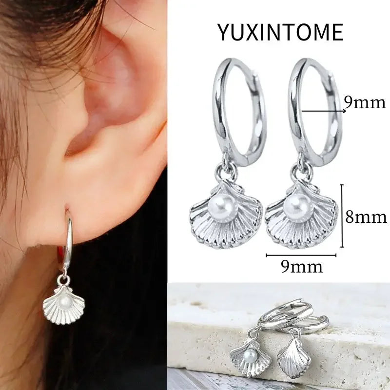 925 Sterling Silver Needle Vintage Square Round Pendant Earrings For Women Crystal Shell Geometric Earrings Fashion Jewelry