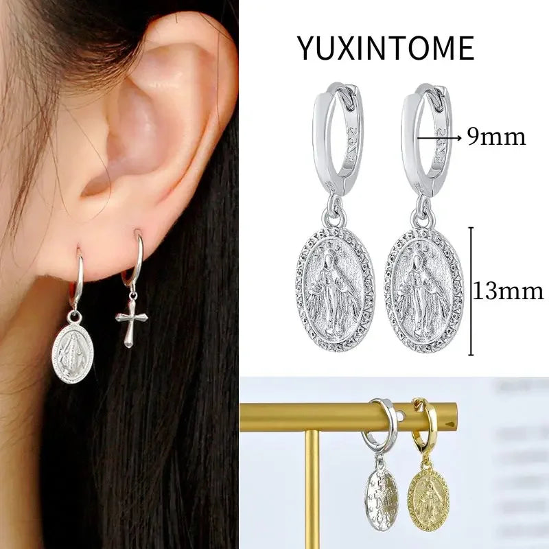 925 Sterling Silver Needle Vintage Square Round Pendant Earrings For Women Crystal Shell Geometric Earrings Fashion Jewelry