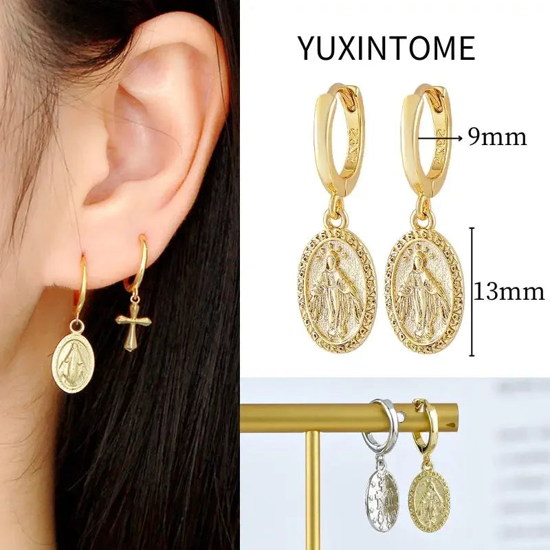 925 Sterling Silver Needle Vintage Square Round Pendant Earrings For Women Crystal Shell Geometric Earrings Fashion Jewelry