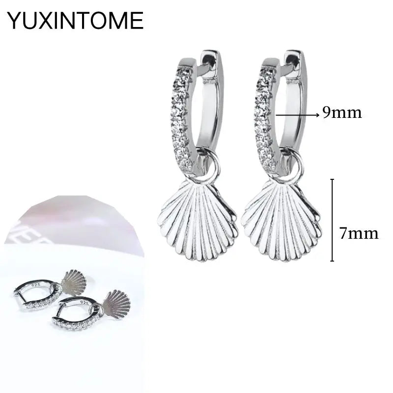 925 Sterling Silver Needle Vintage Square Round Pendant Earrings For Women Crystal Shell Geometric Earrings Fashion Jewelry