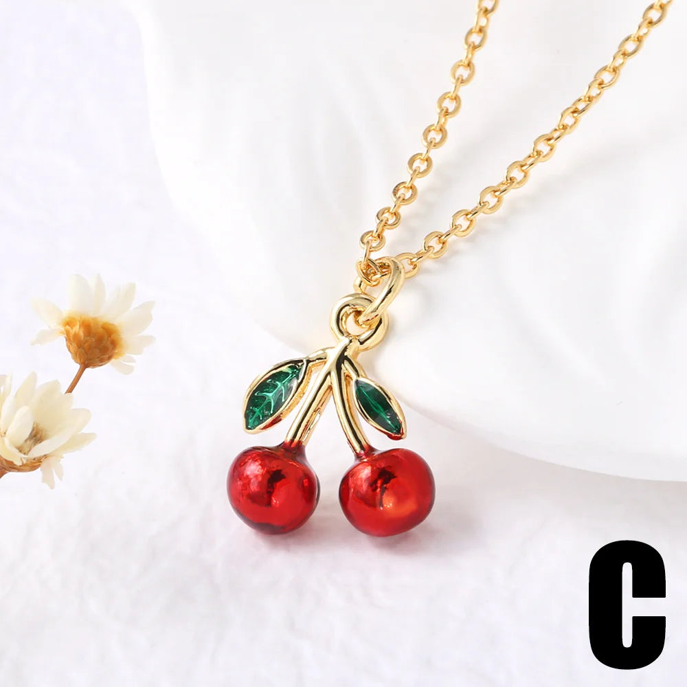 FLOLA Small Crystal Red Cherry Necklaces for Women Gold Plated Short Necklace Fruit Jewelry Gifts nkey75