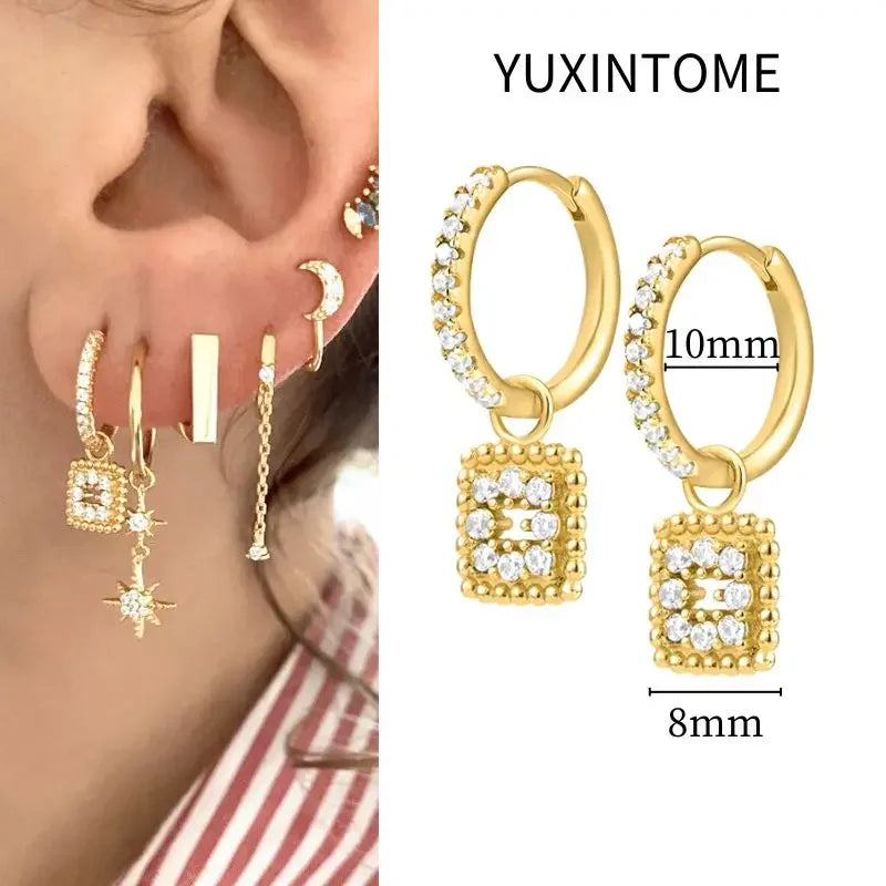 925 Sterling Silver Needle Vintage Square Round Pendant Earrings For Women Crystal Shell Geometric Earrings Fashion Jewelry
