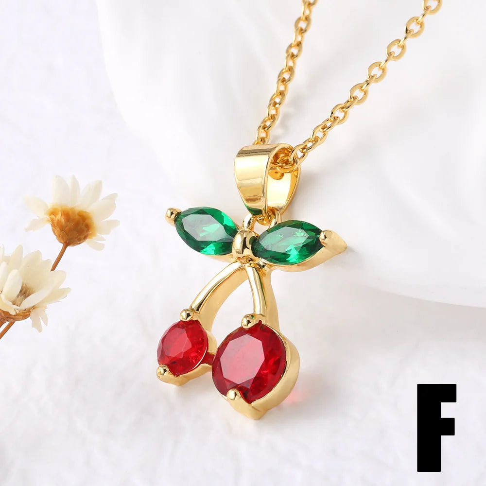 FLOLA Small Crystal Red Cherry Necklaces for Women Gold Plated Short Necklace Fruit Jewelry Gifts nkey75