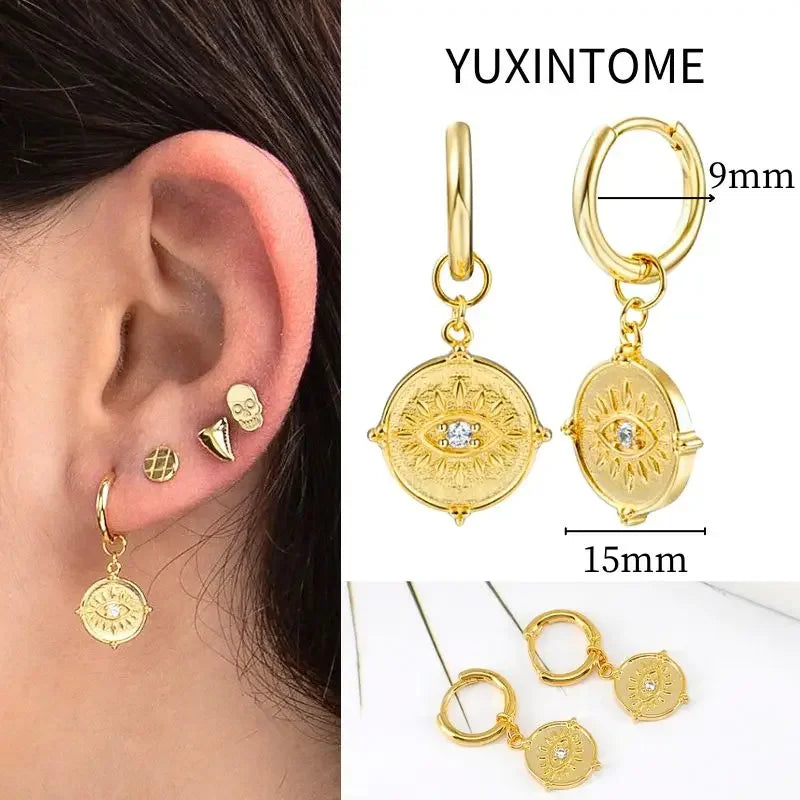 925 Sterling Silver Needle Vintage Square Round Pendant Earrings For Women Crystal Shell Geometric Earrings Fashion Jewelry