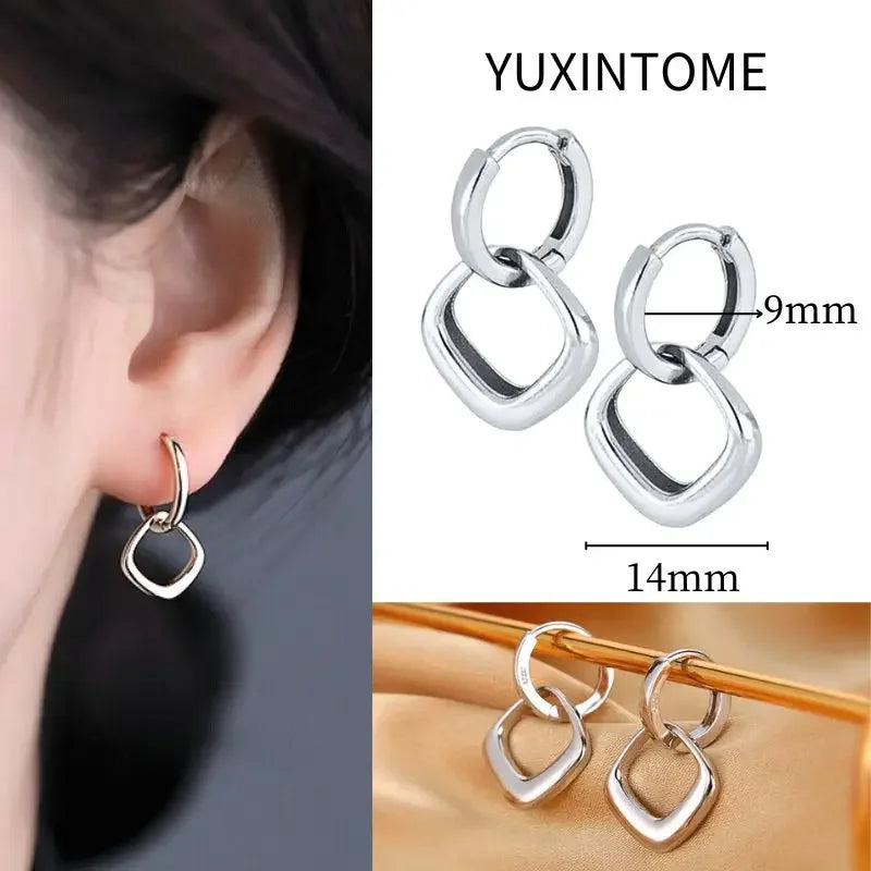 925 Sterling Silver Needle Vintage Square Round Pendant Earrings For Women Crystal Shell Geometric Earrings Fashion Jewelry