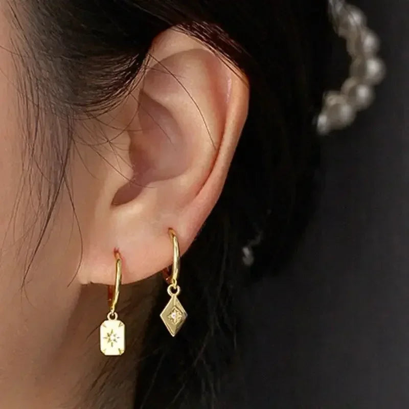 925 Sterling Silver Needle Vintage Square Round Pendant Earrings For Women Crystal Shell Geometric Earrings Fashion Jewelry